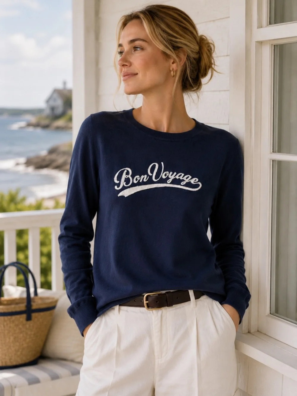 J.Crew Bon Voyage Sweater XS Navy 100% Cotton Embroidered Graphic Crewneck - Picture 1 of 6